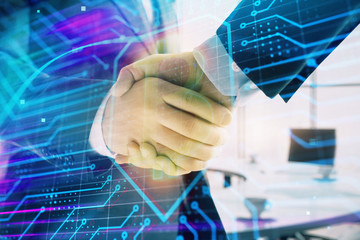 Double exposure of blockchain theme drawing on office background with two businessmen handshake. Concept of crypto economy