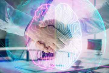 Double exposure of brain drawing on office background with two men handshake. Concept of innovation