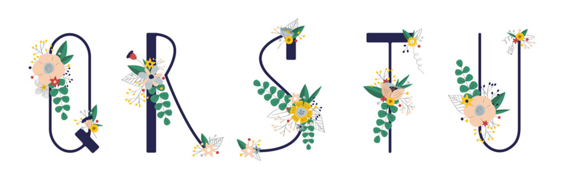 Сollection With 5 Letter Of Floral Alphabet - Q, R, S, T, U. Spring And Summer Alphabet Decorated With Bouquets Of Flowers. Hand Drawn Isolated Vector Illustration