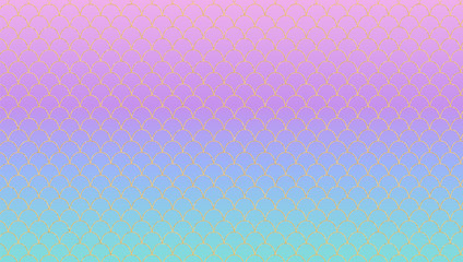 Lilac turquoise magic gradient vector background. Kawaii nacre  unicorn backdrop with golden pattern. Iridescent tail of princess mermaid. Squama texture. Scales of fish tile. Modern girly wallpaper 