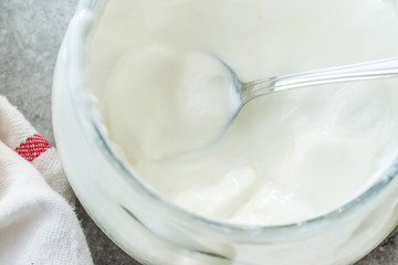 Fototapeta na wymiar Homemade Goat Yogurt in Glass Bowl with Spoon / Probiotic Custard