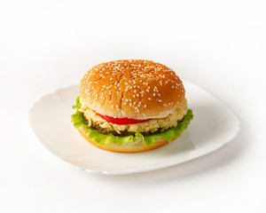 Burger on a plate side view