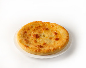 Daghestan's Pie Darginsky Pie Chudu with Meat and Potatoes on White Background Side View