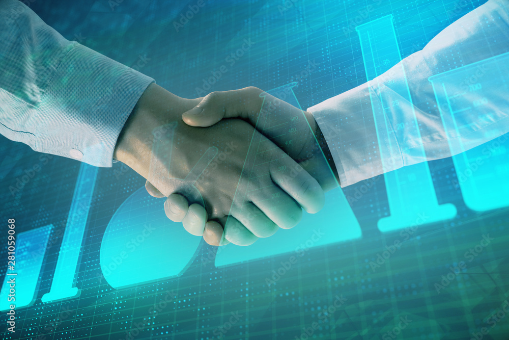 Poster multi exposure of lab flasks hologram on abstract background with two men handshake. concept of educ