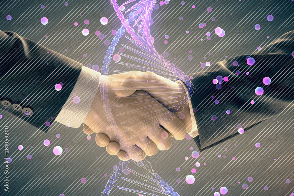 Poster multi exposure of dna hologram on abstract background with two men handshake. concept of bioengineer