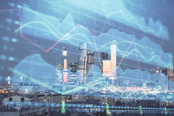 Double exposure of financial chart on Moscow city downtown background. Concept of stock market analysis