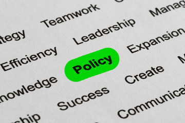 Policy - Business Buzzwords, printed on white paper and highlighted