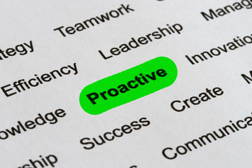 Proactive - Business Buzzwords, printed on white paper and highlighted