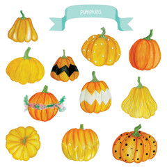 Watercolor pumpkin set. Designer pumpkins. Autumn decor
