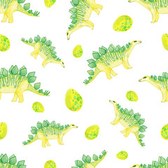 pattern with watercolor stegosaurus and eggs.Herbivore animal of the prehistoric period