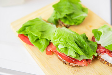 Tasty homemade sandwiches. Healthy food at home. Breakfast, vitamin snack, good diet and proper nutrion eating. Calories balance. Count of carbohydrate, protein and fat. Selective focus