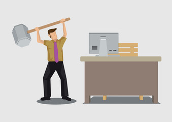 Frustrated Employee Destroys Office Cartoon Drawing Vector Illustration