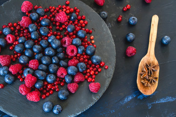 Ingredients for making red fruits jam, top view
