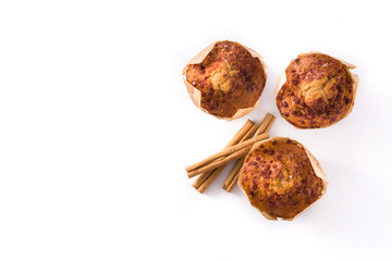 Apples and cinnamon muffins isolated on white background. Top view. Copyspace