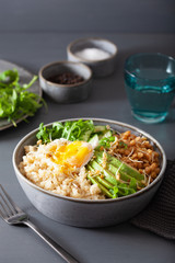 quinoa bowl with egg, avocado, cucumber, lentil. Healthy vegetarian lunch