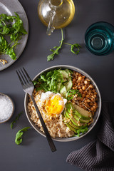 quinoa bowl with egg, avocado, cucumber, lentil. Healthy vegetarian lunch
