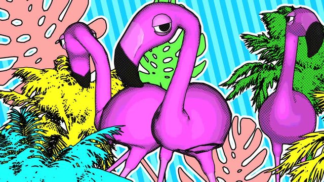 Seamless animation of a funny flamingos with tropical plants.  Funny summer background cartoon hand drawn style psychedelic backdrop
