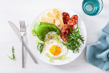 healthy keto breakfast: egg, avocado, cheese, bacon