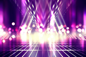 Empty background scene. Ultraviolet light, bokeh, blurred rays. Rays of neon light in the dark,...