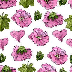 Seamless pattern with single flowers of pink mallow and green leaves. Hand drawn ink and colored sketch isolated on white background.