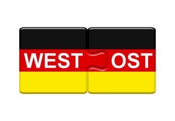 2 Puzzle Buttons zeigen Westdeutschland und Ostdeutschland zusammen