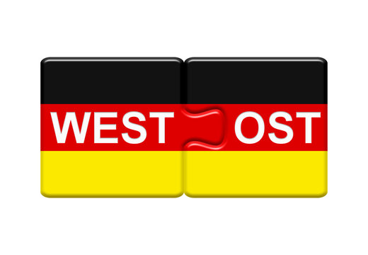 2 Puzzle Buttons zeigen Westdeutschland und Ostdeutschland zusammen