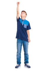 Full length portrait of young caucasian teen boy, isolated on white background. Funny teenager -...