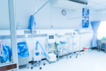 Fototapeta na wymiar Blurry empty interior operating room and modern equipment in hospital.Medical device for surgeon surgical emergency patient in blue tone style.Save life medical treatment concept.