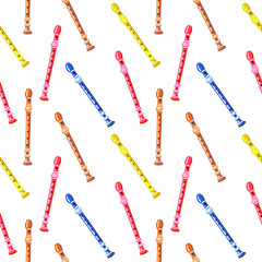 Vector seamless pattern with multi-colored recorder flutes. Classical musical instruments. Warm colors. Isolated objects. 
