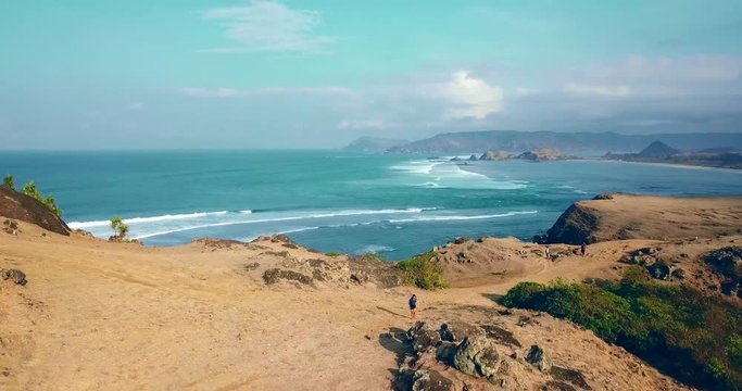 Beautiful aerial view of Papuma Beach in Jember, East Java, Indonesia. Shot in 4k resolution from a drone flying forwards