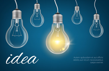 Bulbs idea background. Realistic lamp bulbs vector illustration. Isolated lamp bulb idea, power electric lightbulb