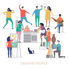 Creative people characters of group vector background. Profession artist and sculptor making statue illustration