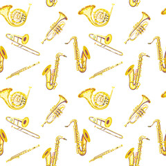 Vector seamless pattern with french horns, saxophones, trumpets, trombones, flutes. Classical musical instruments. Warm and golden colors. Isolated objects. 