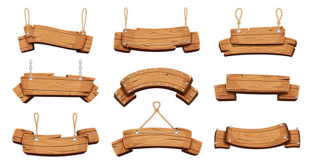 Fototapeta premium Wooden banners. Blank signboards with chains ropes and bolts vector tablet banners. Wood blank banner hanging, empty signboard illustration