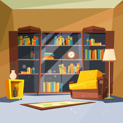 Room with books. House apartment with home library shelves inside of living room for reading vector picture. Illustration of bookshelf and armchair, interior library