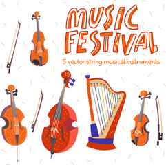 Set of flat vector strings classical musical instruments. Violin, alto, cello, double bass, harp. Musical festifal lettering. Warm colors.