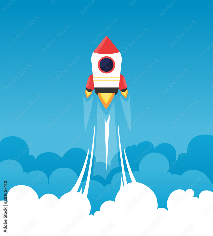 Aufkleber startup background. rocket in cloudy fluffy sky goes to the moon business concept of launch startup 