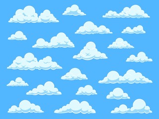 Cartoon sky clouds. Cloudscape in blue sky panorama, different shapes of white clouds, isolated vector set for cute baby wallpaper
