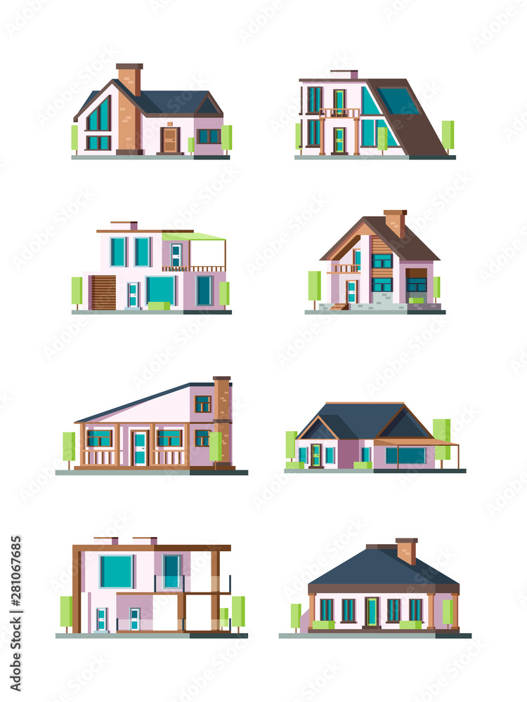 Sticker modern cottages. villa new living home residence townhouse vector flat collection. illustraion of fa