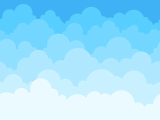 Cloud sky cartoon background. Blue sky with white clouds flat poster or flyer, cloudscape panorama pattern vector seamless texture