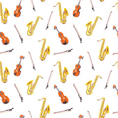 Vector seamless pattern with violins and saxophones. Classical musical instruments. Warm colors. Isolated objects. 