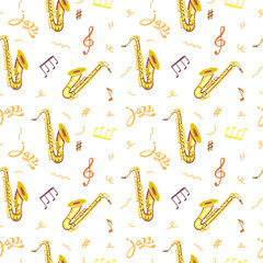 Vector seamless pattern with saxophones. Jazz lettering. Classical musical instruments. Warm and golden colors. Isolated objects. 