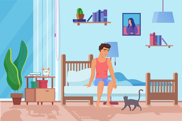 Exhausted man in morning flat vector illustration. Tired man waking up, sitting on bed. Sad, depressed male cartoon character. Unhappy guy, black cat in room. Bedroom interior design