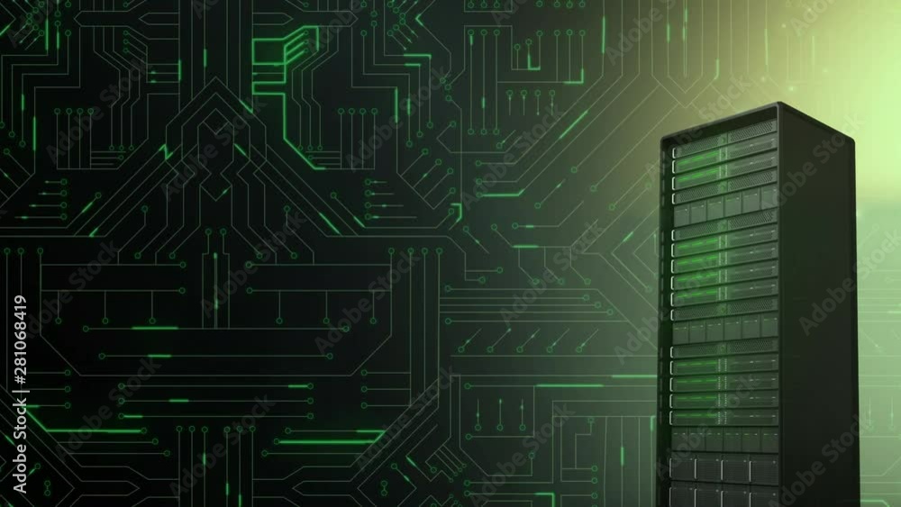 Poster mainframe computer and glowing green circuit board