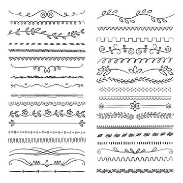 Hand drawn lines. Floral scribble ornamental web dividers wedding doodle vector decoration. Illustration of stroke border, sketch hand scribble