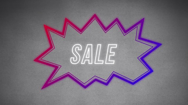 Sale graphic in purple angular speech bubble on painted grey and pink background