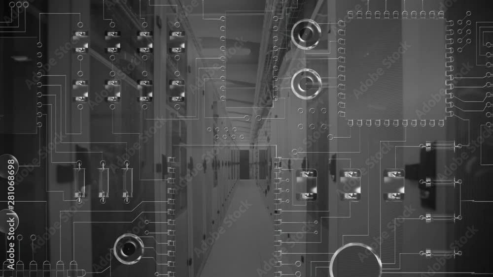 Poster scrolling computer circuit board and server room corridor in black and white