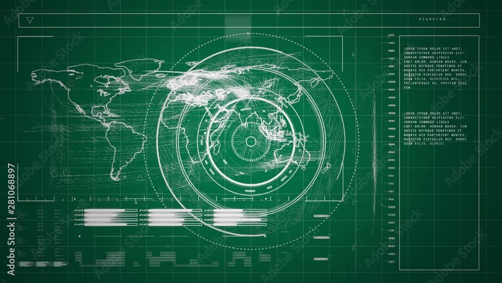 Poster world map and data with floating rotating rings on a green background
