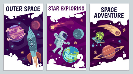 Cartoon space flyers. Astronomy future presentation. Galaxy explorers, universe journey with astronaut, comet and rocket vector poster