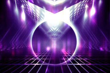 Empty background scene. Ultraviolet light, bokeh, blurred rays. Rays of neon light in the dark, neon figures, smoke. Background of empty stage show. Abstract dark background.
